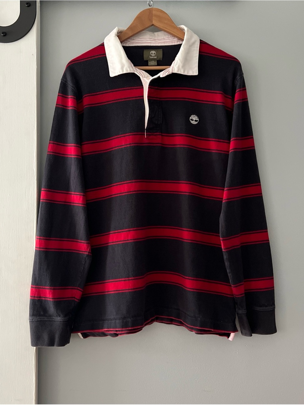 Timberland Men's Black & Red Stripe Rugby Polo Shirt Denim Collar
